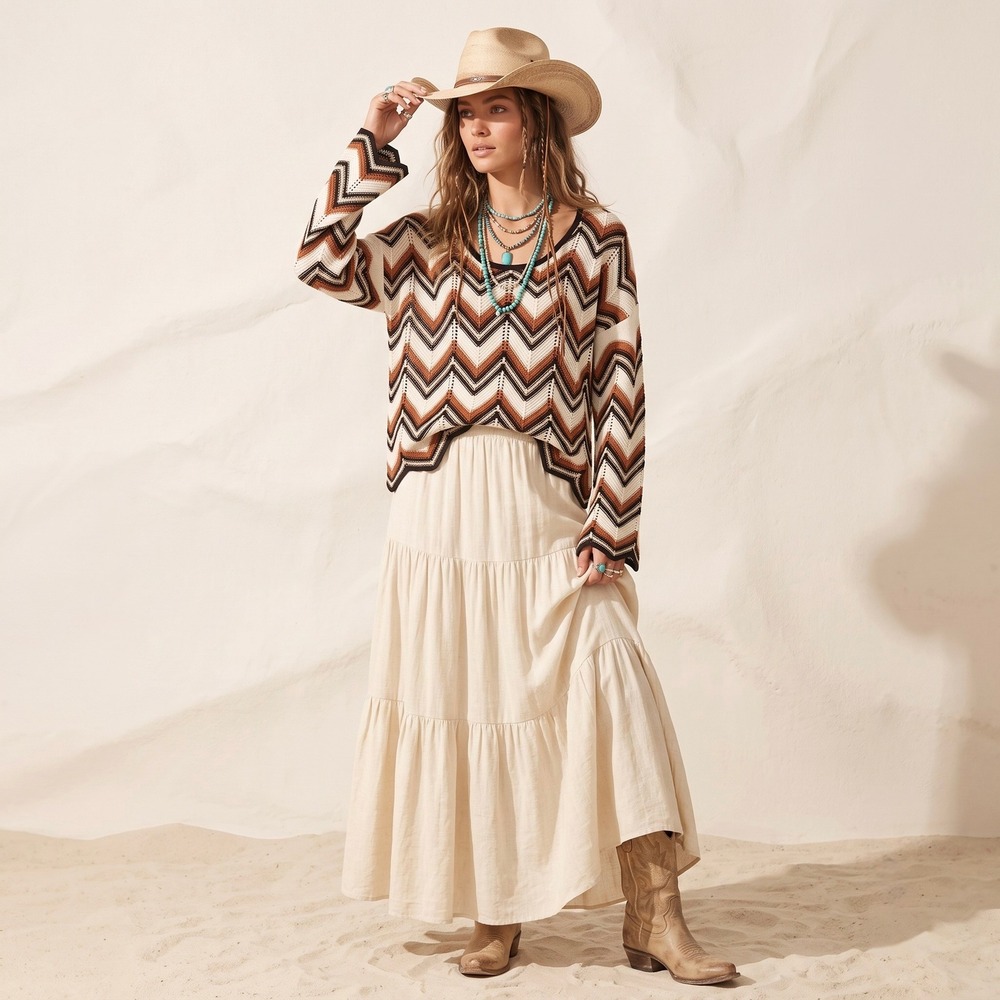 TRENDY THREADS 3X Chevron Crochet Knit Sweater Brown Boho Western Festival NWT